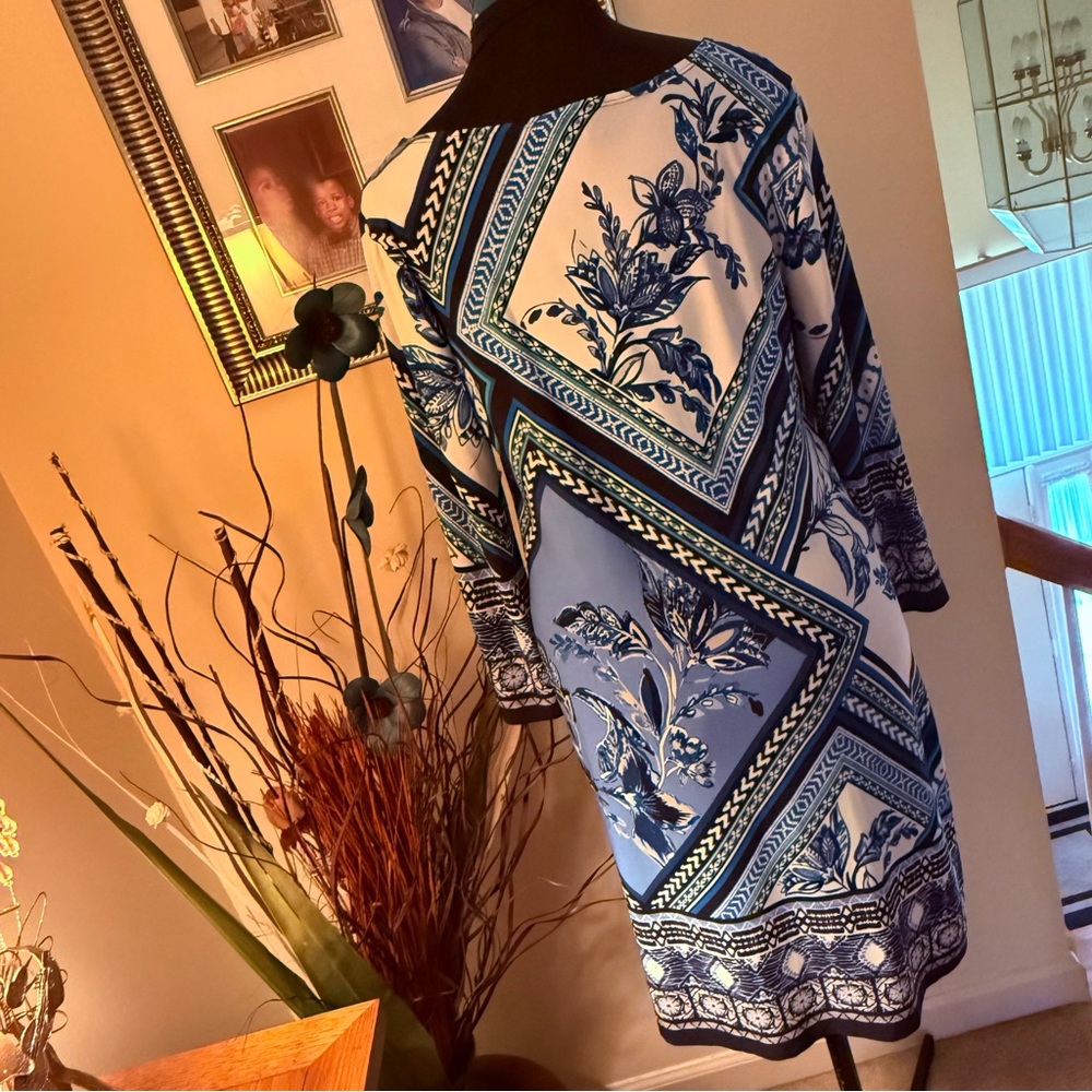 Blue & White Floral Geometric Shift Dress